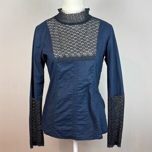 Kathy Kemp Womens Navy Long Sleeve Lace Detail Designer Blouse SZ XS
